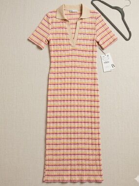 Zara Pink and Cream Striped Ribbed Polo Midi Summer Dress Large